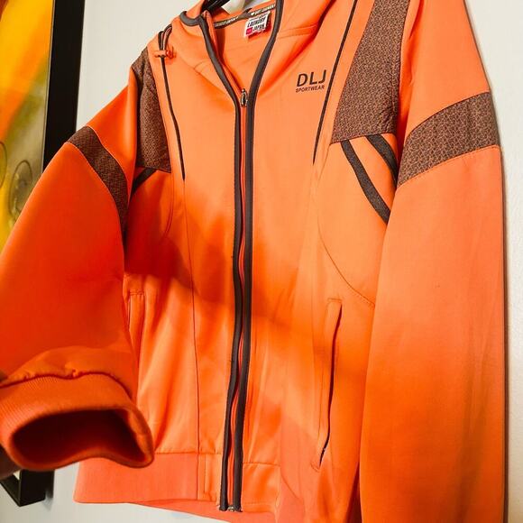 DLJ Sportswear Fluorescent Orange Zip Up Hooded Two Pocket Track Jacket Size L - Picture 7 of 13